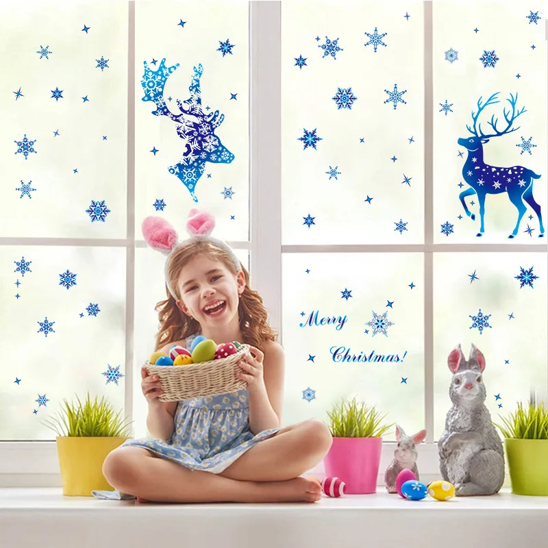 2025 Christmas Room Wall Window Decal Store Window Glass Stickers Elk Snow Wall Decals Christmas Decorations Xmas Party Supplies