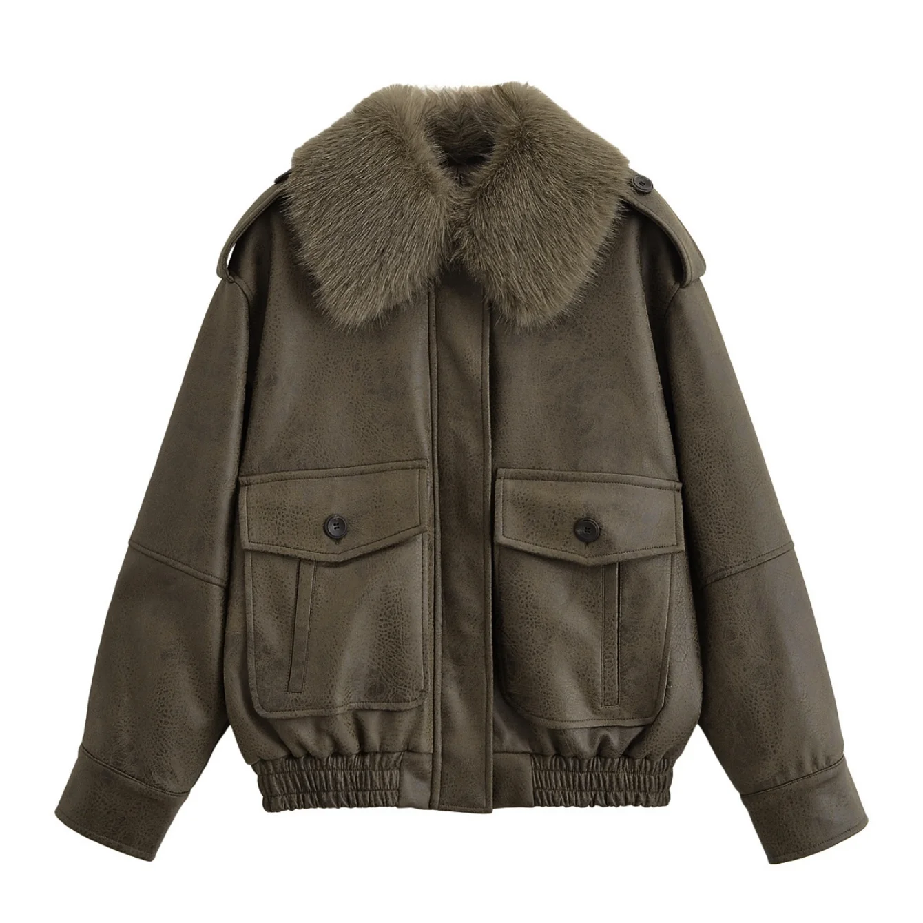 Women Autumn Winter New Removable Collar Faux Suede Jacket Female Fashion Zipper Pocket Long Sleeve Coat Lady Vintage Outwear