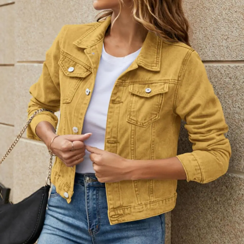 

Women Denim Jacket Single-breasted Solid Color Lapel Flap Pockets Cardigan Warm Buttons Slim Fit High Street Women Coat