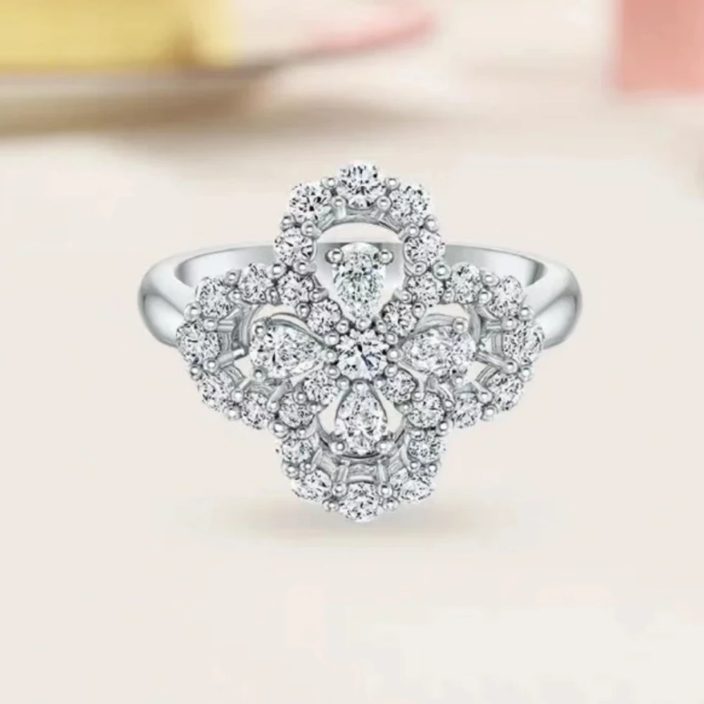 

The 2023 Hot Four Leaf Clover Water Drop Zircon Ring S925 Sterling Silver Plump Delicate Fashion
