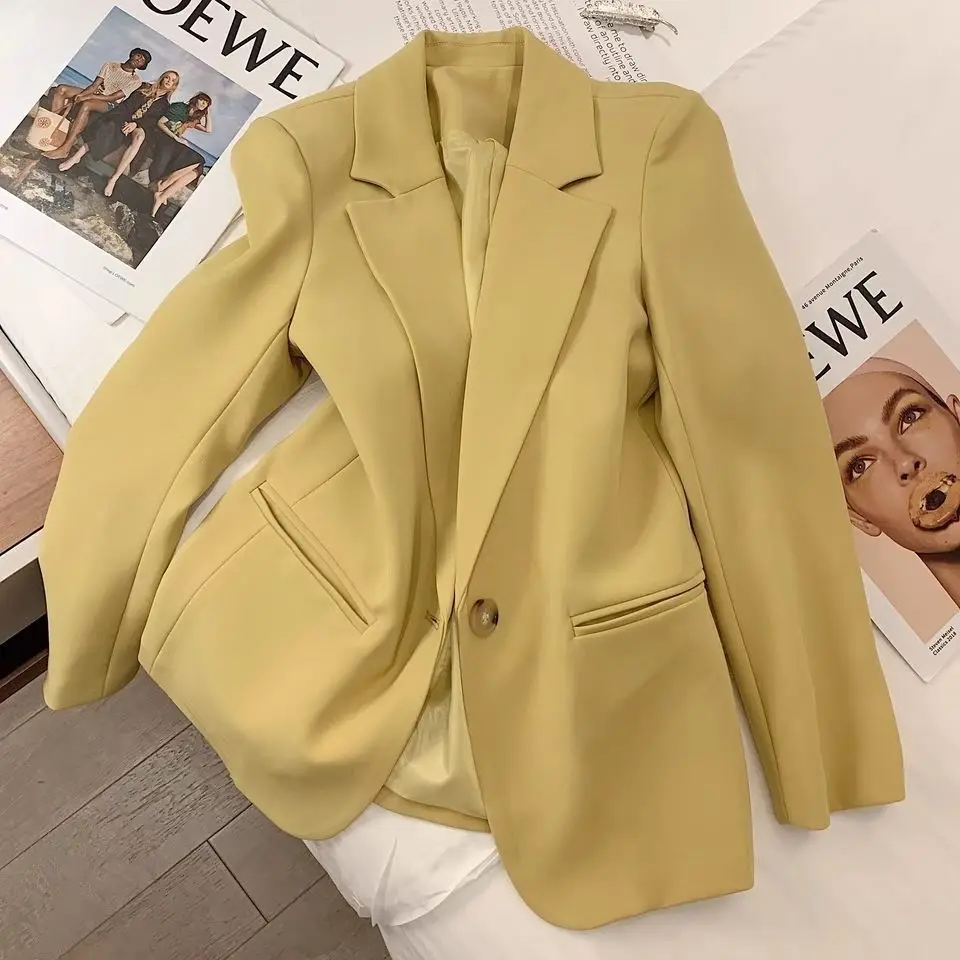 Blazers Women Baggy Yellow Pure Minimalist Streetwear Teens Personal Gentle Elegant Temper Design Cozy Notched Office Ladies