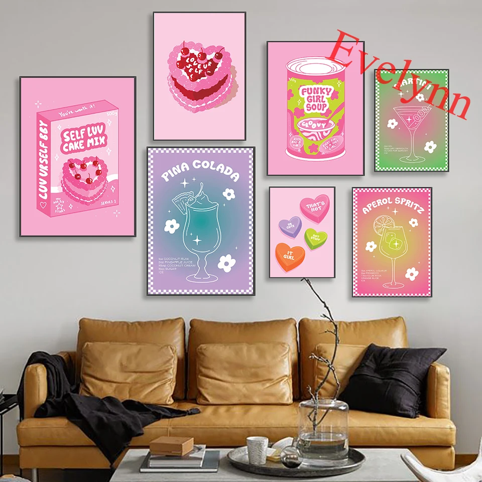 Y2K 90S Funky Canvas Poster Da Cocktail Zuppa Può Auto Amore Miscela Di Torta Scatola Di Cuore Candy Girl Power Citazione Complementi Arredo Casa Stam