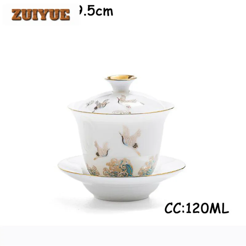 120ml White Nephire Porcelain Gaiawan Crane Wave Plated Tea Bowl Household Gaiwan Teacup Kung Fu Puer Tea Set Ceremony