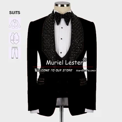 Black Groom's Wedding Suits Handmade Beaded Lapel Jacquard Jacket Plus Size Male Fashion 3 Pieces Mens Tuxedo Tailor-Made Dress