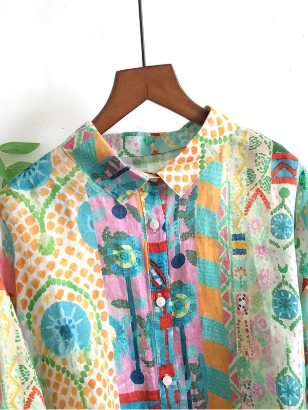 Summer Digital Print Women's irt Linen Material Small Brand Artistic Ethnic Sle Loose Fit Button up Long Sve Blouse