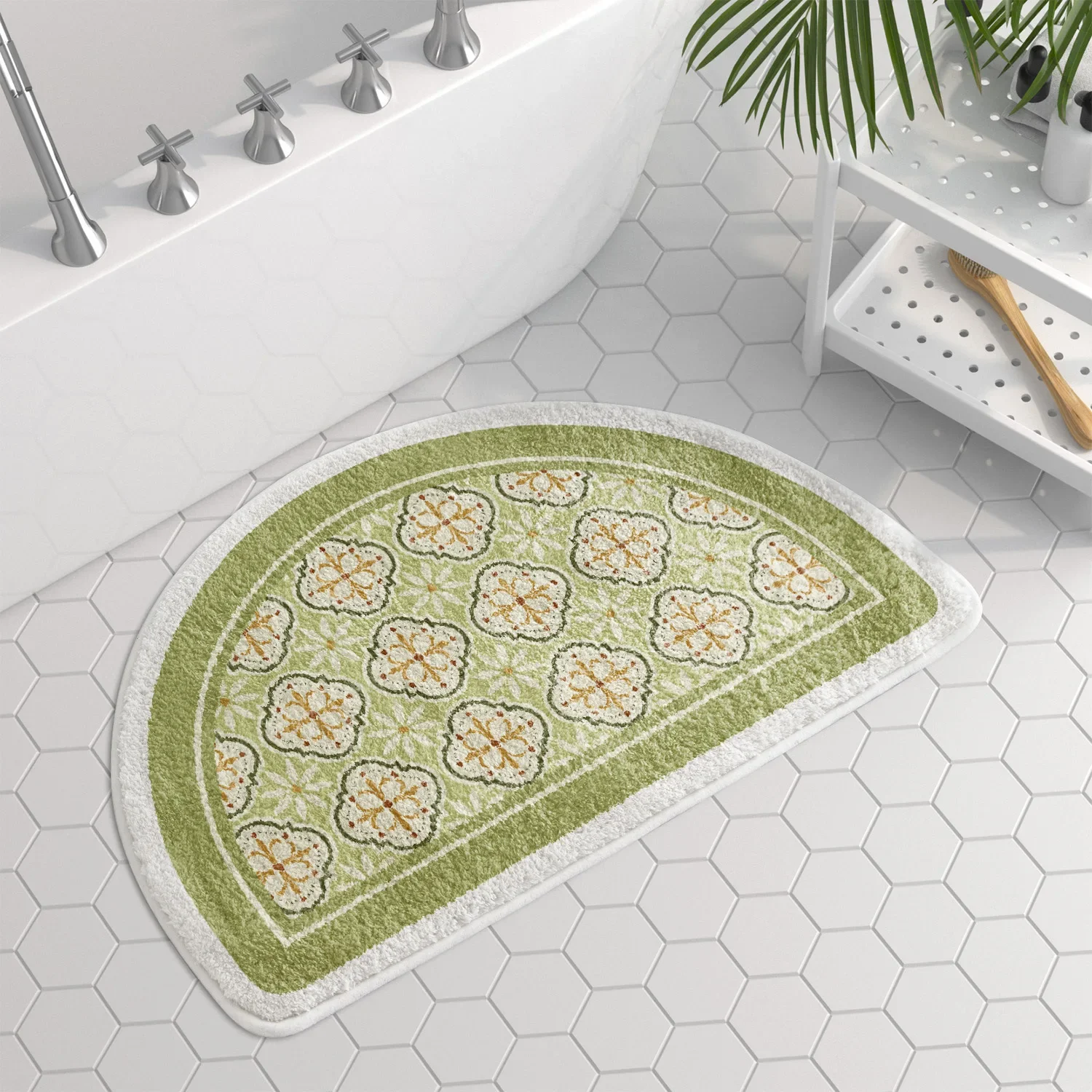 

Vintage Nordic patterned semi circular bathroom floor mat