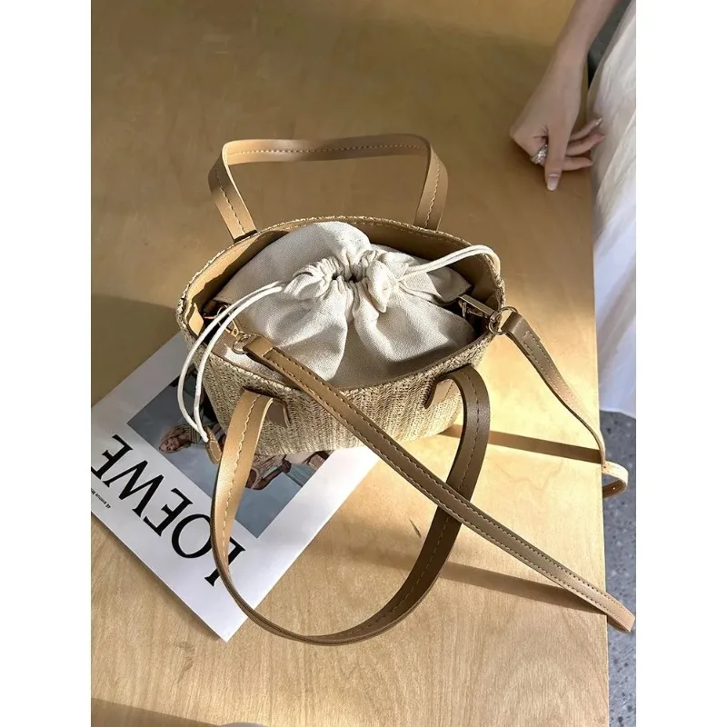 Niche Designe Handbag Straw Fabric Shoulder Bag Woven  Bucket Crossbody Purse Summer Beach Underarm Bags сумка женская bolsos