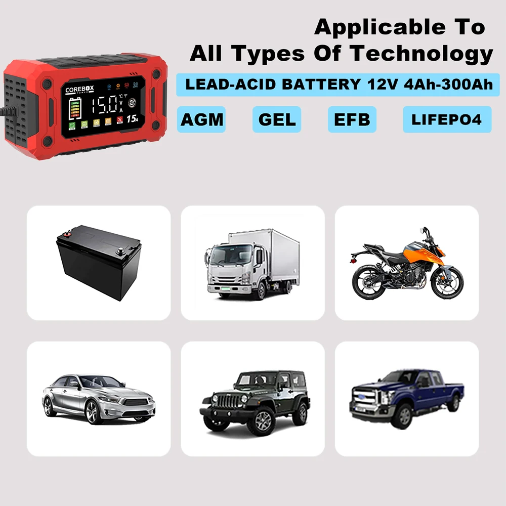 12V 15A 8A Smart Battery Charger For Car Moto LiFePO4 Lead Acid AGM GEL LED Digital Touch Screen Lithium iron Battery Chargers