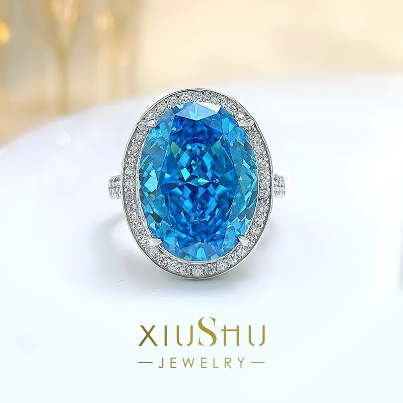 

Luxury Sea Blue Treasure Ring Stone Swiss Blue High Carbon Diamond Dove Egg High Carbon Diamond New Wedding