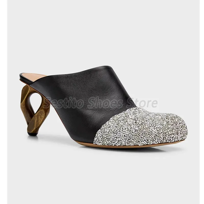

Bling Rhinestone Half Slippers for Women Round Toe Patchwork Strange Heel Slipper Summer Outdoor Party High Heels Female Shoes