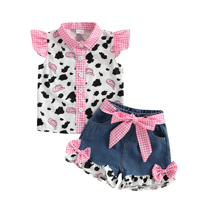Summer Girl Clothing Sets Fashion Cow Print Fly Sleeve Button-up Shirts Denim Ruffle Shorts Baby Clothes Children Kids Outfits