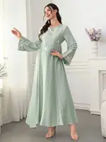 2025 New Dubai Style Light Green Abaya Intricate Sparkling Embroidery on Neck and Sleeves Ideal for Arabian Cultural Galas Women