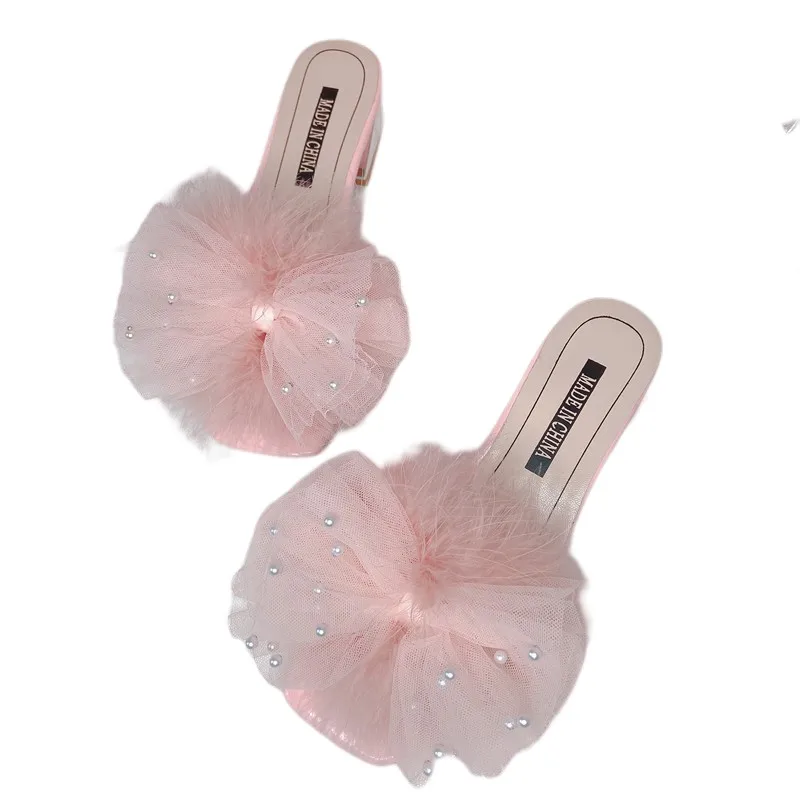 

Мюли женские с жемчугом и бусинами, милые розовые летние шлепанцы, меховые сандалии с пушистыми перьями и бантом, тапочки с открытым носком, сланцы