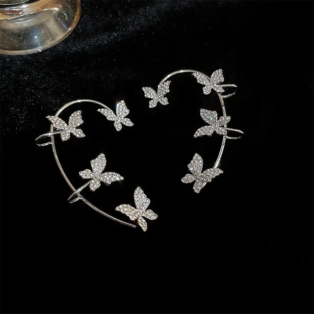 Ear Clip Earrings Gold Silver Color Metal Butterfly Ear Clips Without Piercing For Women Sparkling Zircon Ear Cuff Clip Earrings Wedding Jewelry