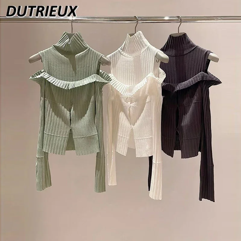 

Turtleneck Sweater Solid Color Knitting Top Fashion Off-the-Shoulder Knitted Cardigan Two-Piece Set Autumn Winter Knitted Shirt