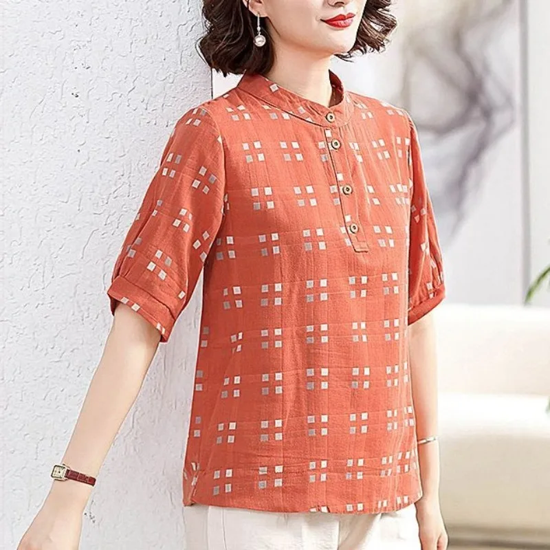 Summer Women's 2024 Pullover Round Neck Patchwork Button Plaid Retro Loose Fashion Simple Commuting T-shirt Short Sleeved Tops