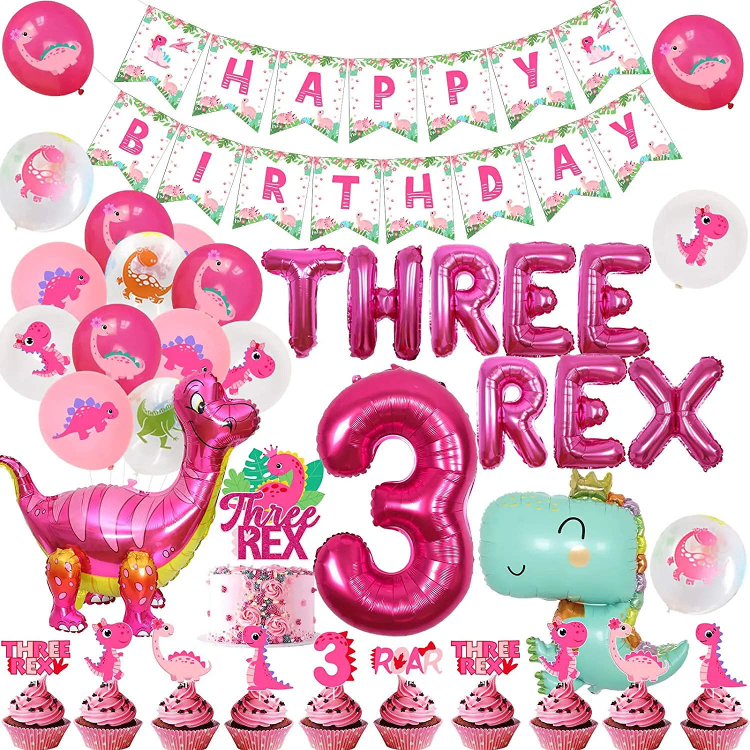 소녀를 위한 세 개의 렉스 생일 파티 장식 공룡 세 번째 생일 장식, 핑크 세 렉스 케이크 토퍼 공룡 풍선