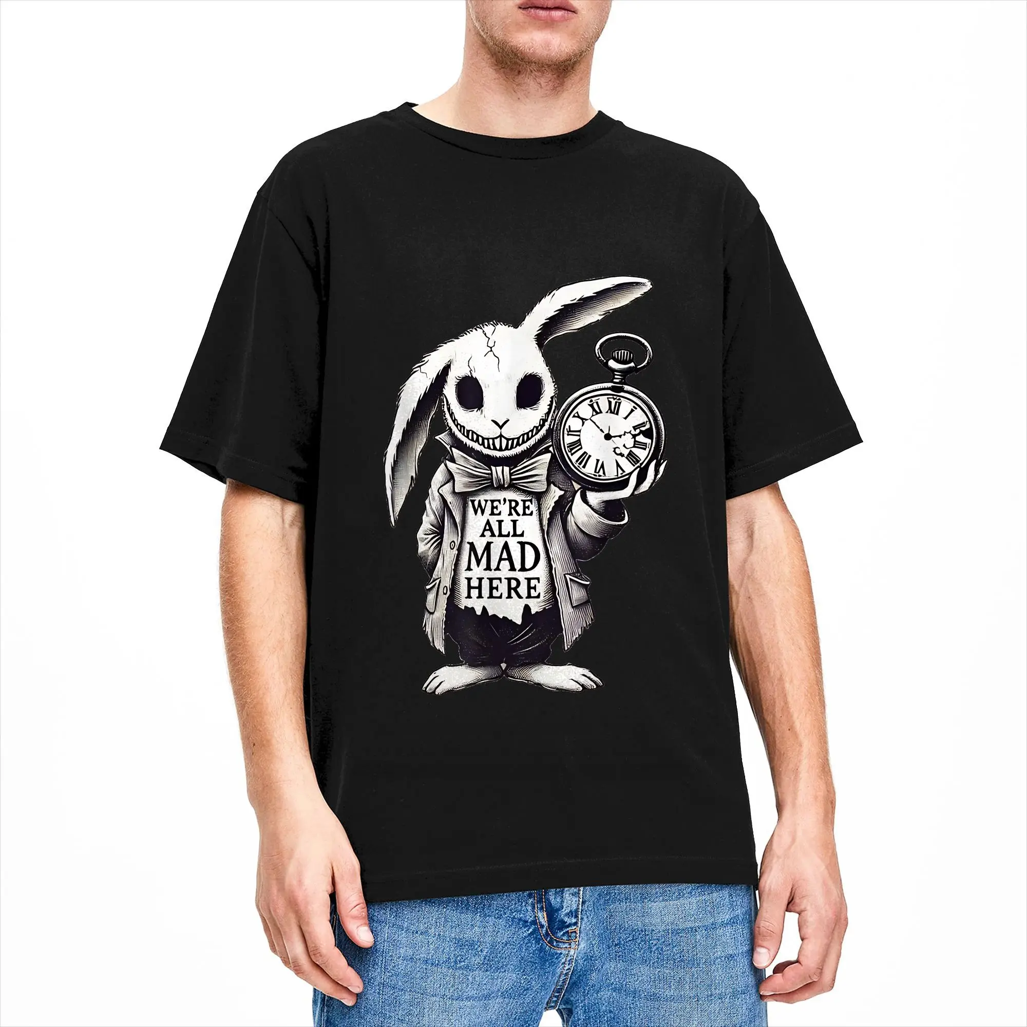 Quote Fun A-Alice In Wonderlands We're All Mads Here Rabbit Hatter T-Shirt Sommermode T-Shirts Herren Baumwolle Plus Size Kleidung
