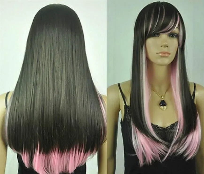 

New Lolita black & pink long straight cosplay Hair wig