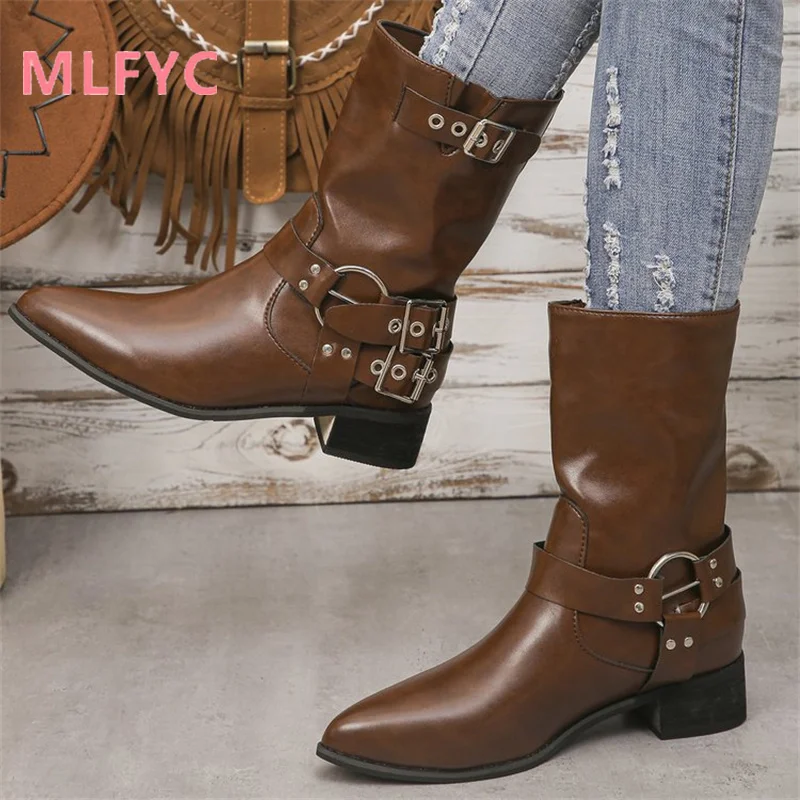 Knight Boots Women's 2023 New Autumn/Winter British Style Retro Thick Heel Pointed Metal Buckle Fashion Women's Boots mujer