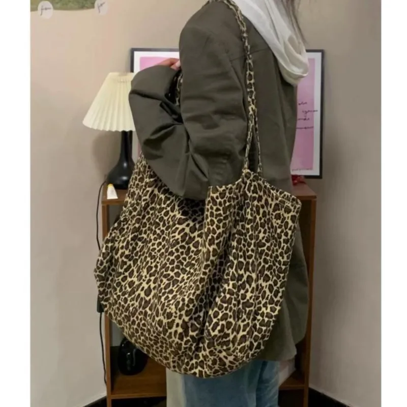 JIAERDI Vintage Leopard Print Tote Bag Handbag Women Retro Large Capacity Casual Shoulder Bags Female Harajuku Canvas Y2k Bags