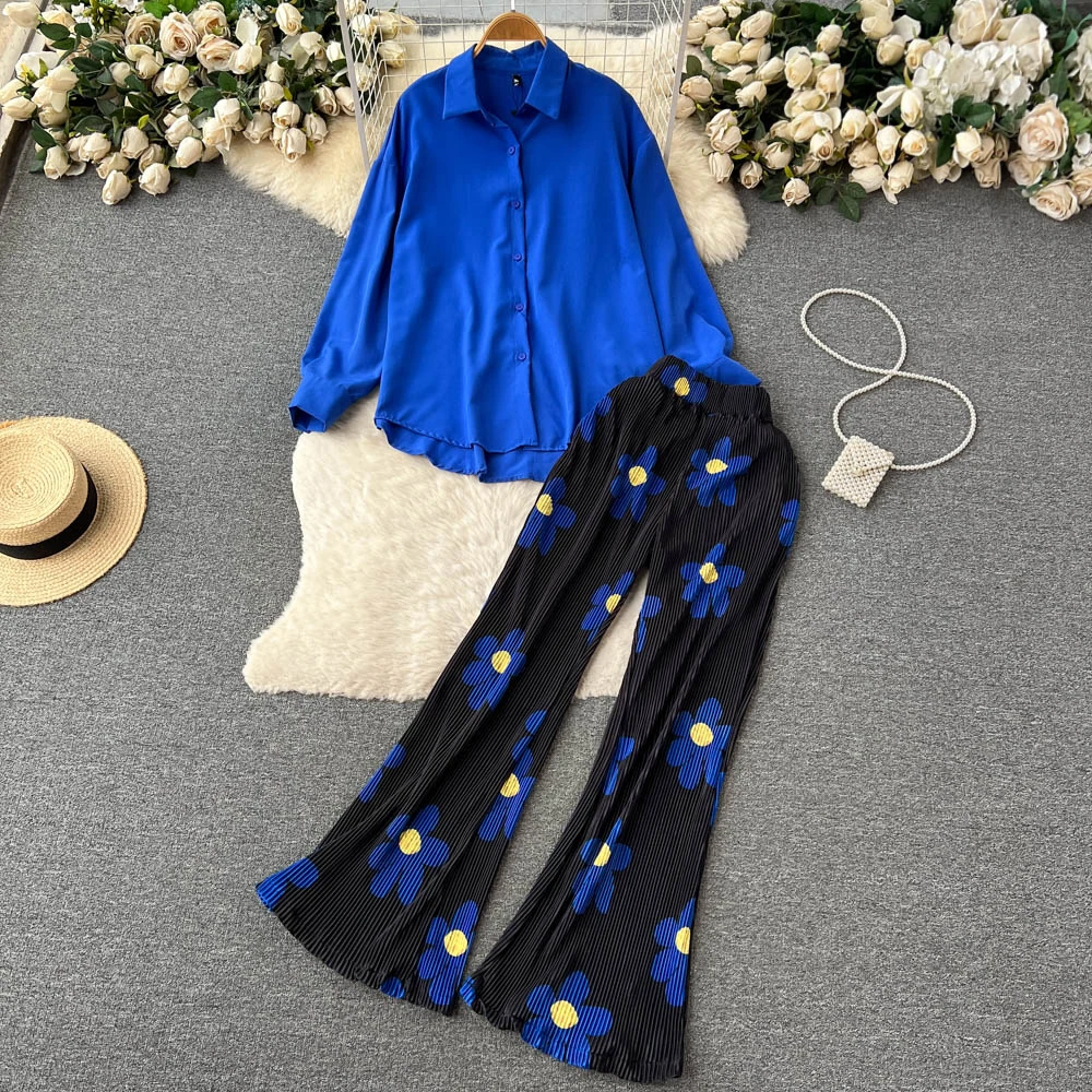 

Spring 2023 Long Sleeve Shirt+Pleated Wide Leg Pants Two Piece Set Women Fashion Flower Casual Two Piece Sets Womens Outifits