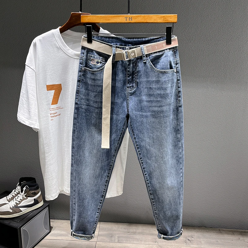 2025 Autumn Men's Stretch Jeans Fashion Tapered Slim Small Feet Ankle Harem Pants Casual Denim Trousers Streetwear Free Belt 3