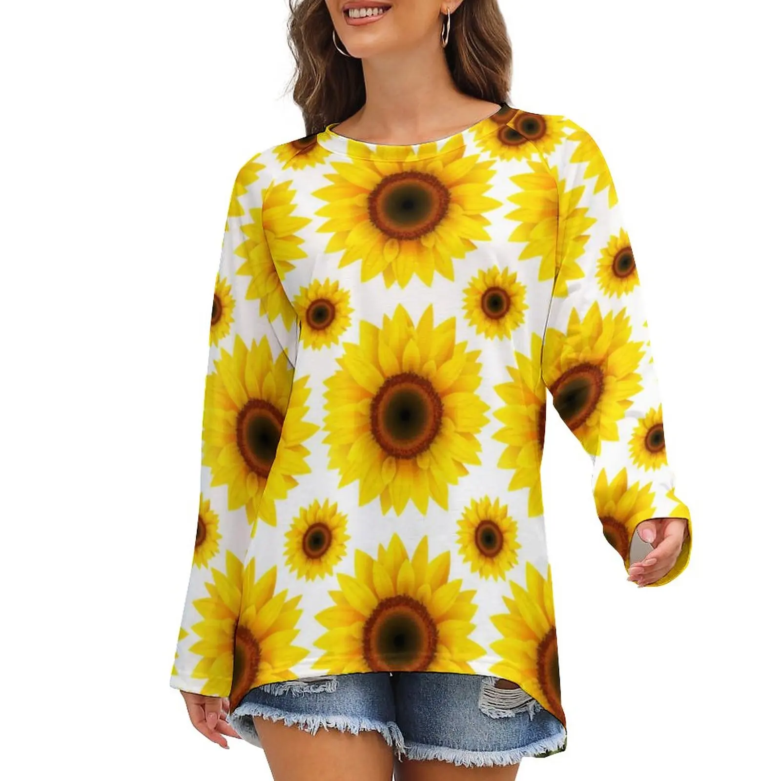 

Cheerful Sunflower T Shirt Sunflowers Print Aesthetic Long Sleeve T Shirts Street Wear Oversized Tee Shirt Women Print Clothing