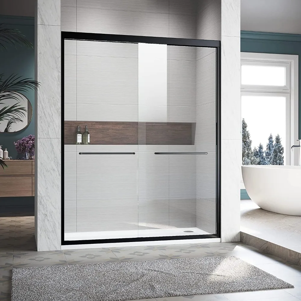 Shower Door 56-60 in W X 72 in H, Black Sliding Shower Glass Door Adjustable Semi Frameless Shower Door 2