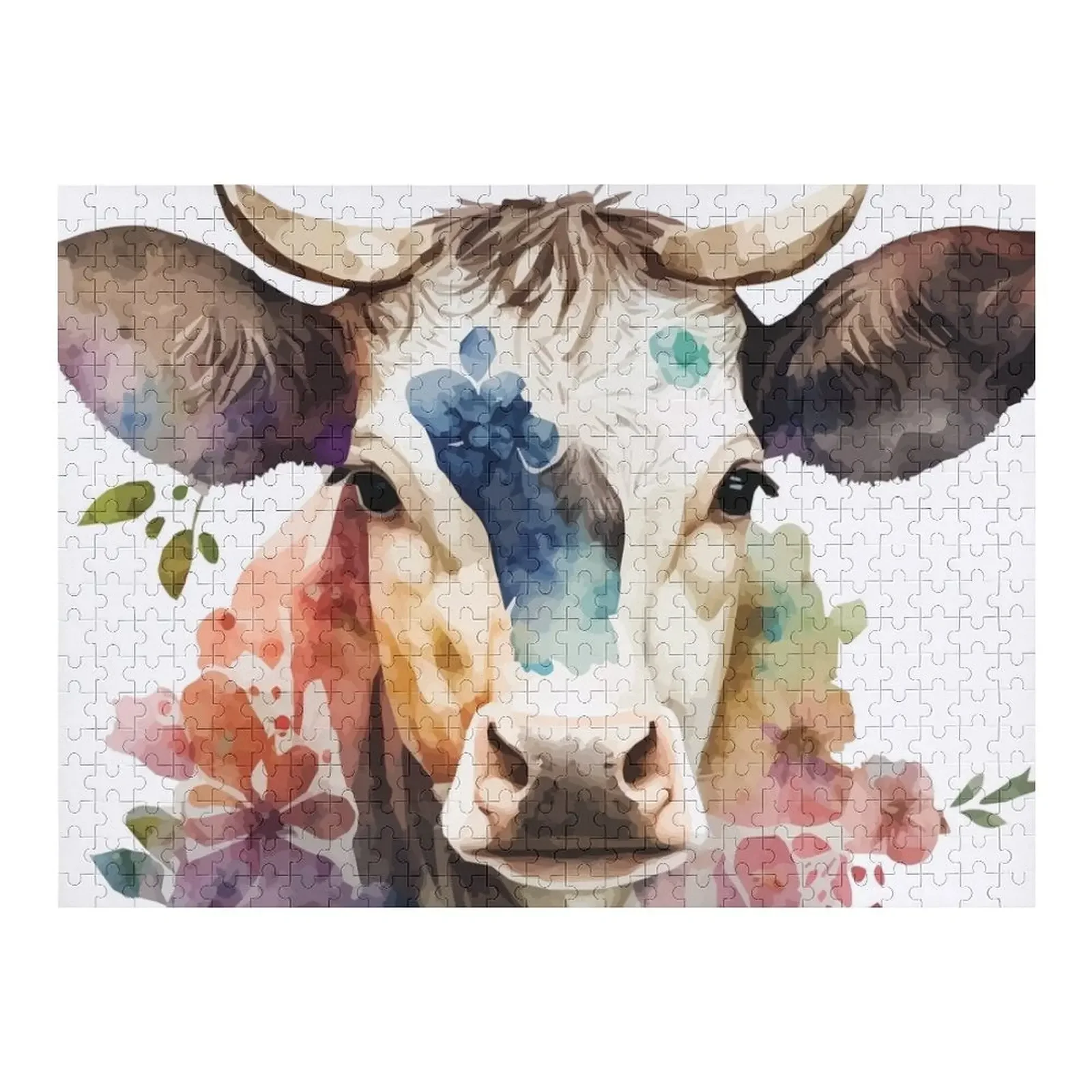 A Floral Bohemian Cow Watercolor - Boho Animals Jigsaw Puzzle Personalised Name Wooden Name Puzzle