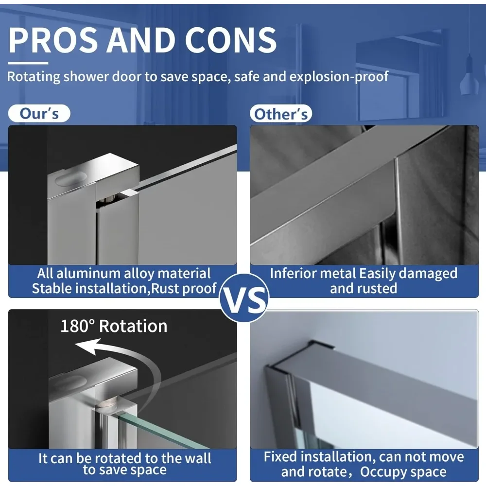 NEW-Shower Frameless Glass Door for Bathtub, 30”×55” Hinged Tub Shower Screen, Tempered Glass Tub Door, Chrome Pivot Bathroom Sh