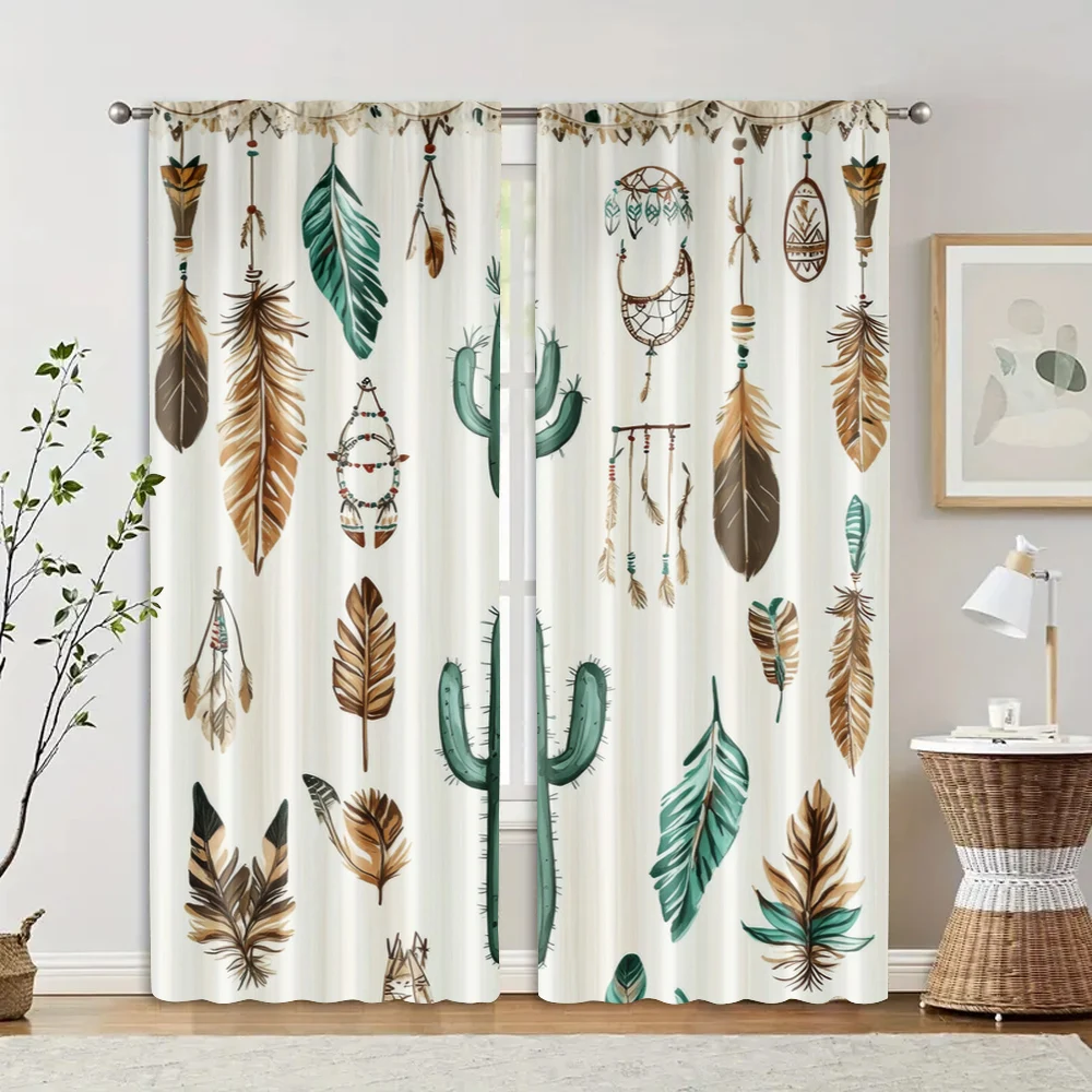 2pcs, Popular Curtain Panels 2D print Cactus and feathers Machine Washable Fabric (without rod) Thermal Insulation, and Room 2