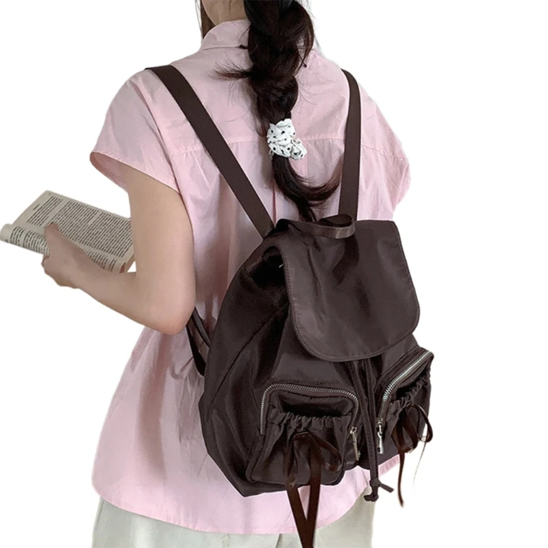 Women Girls Bowknot Double Pockets Shoulder Bag Korean Casual Solid Color Backpack Large Capacity Travel Shool Bag