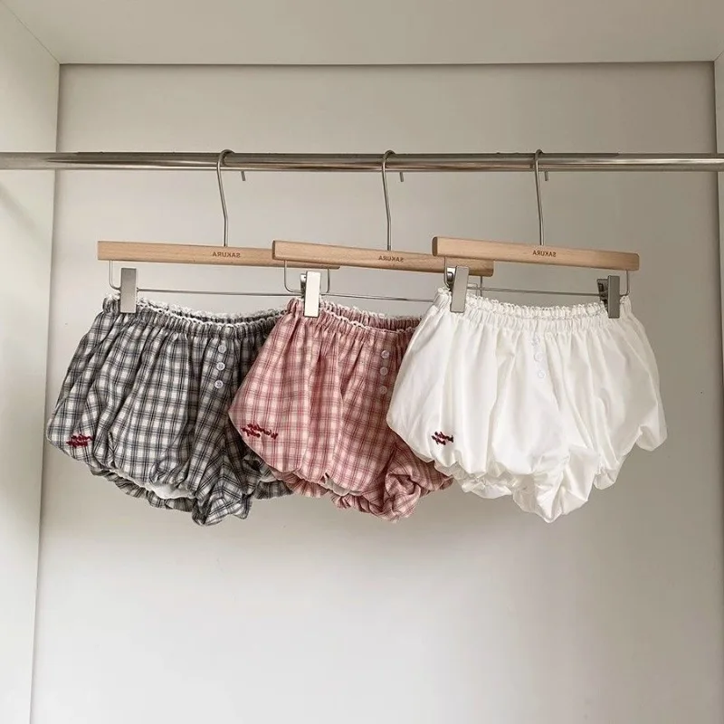 Plaid Bubble Hem Shorts with Elastic Waist, Front Buttons and Lace Trim — photo 1