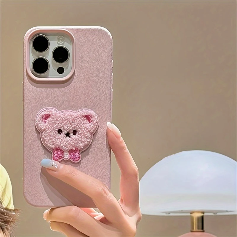 Adorable Embroidered Bear Pink Phone Case - Soft Cartoon Winter Cover