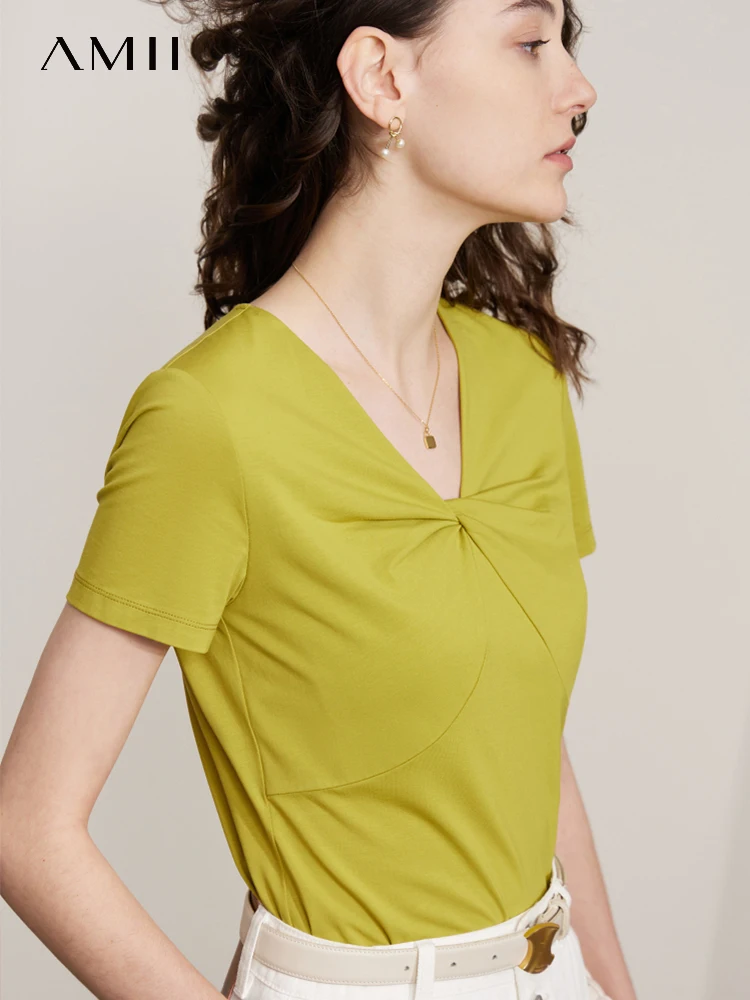 

AMII Minimalism T-shirt for Women 2023 Summer New Sleeve Slim Design V-Neck Modal Cotton White Top Bottom T-shirts 12342212