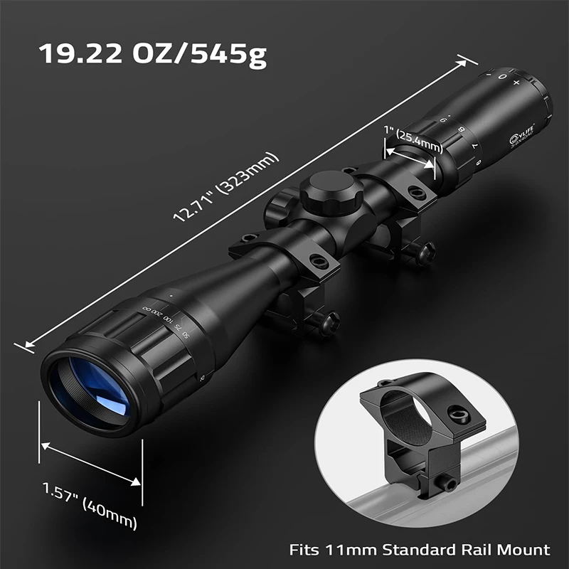 Rifle Scope 3-9x40 AO Optics R4 Reticle Crosshair Riflescope with Mounts For 11mm Dovetail Rail Adjustable Objective Lens