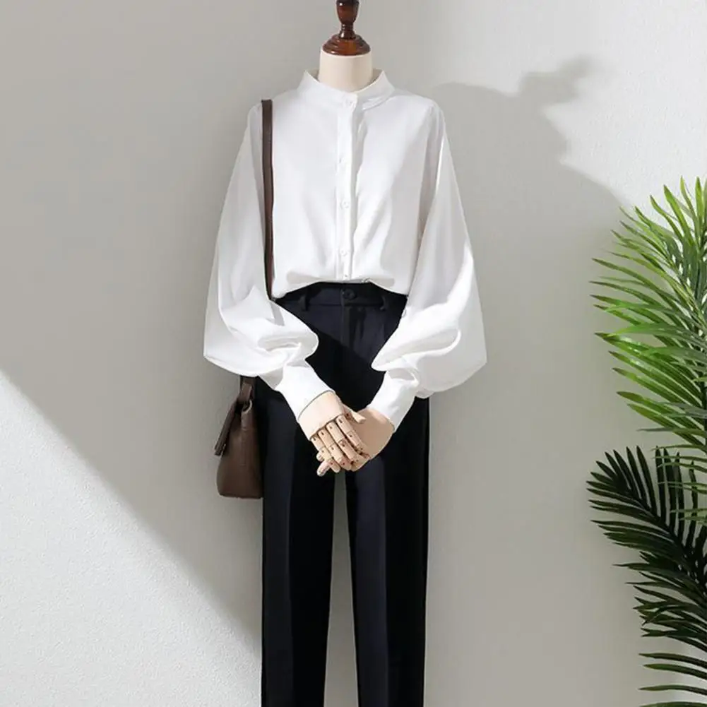 

Stand-up Collar Shirt Elegant Women's Stand Collar Cardigan Blouse with Lantern Sleeves for Formal Business Style Commute Solid