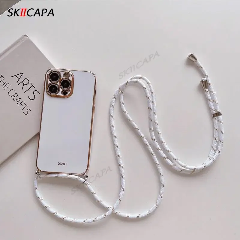 Elegant Crossbody Necklace Lanyard Case with Plated Silicone Cover and Chain Strap