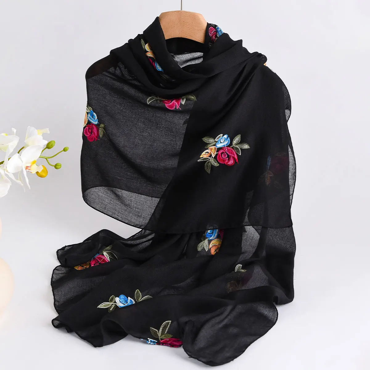 Latest Fashion Embroidery Floral Long Scarf Hijab Woman Shawl Summer Solid Color Wraps For Ladies Stole Headband 2025