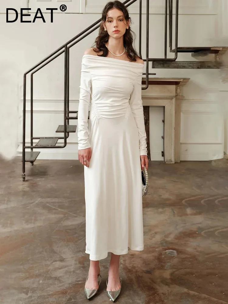 

Женское Плиссированное вечернее платье DEAT, однотонное облегающее платье с воротником-лодочкой, длинным рукавом и высокой талией, осень 2024