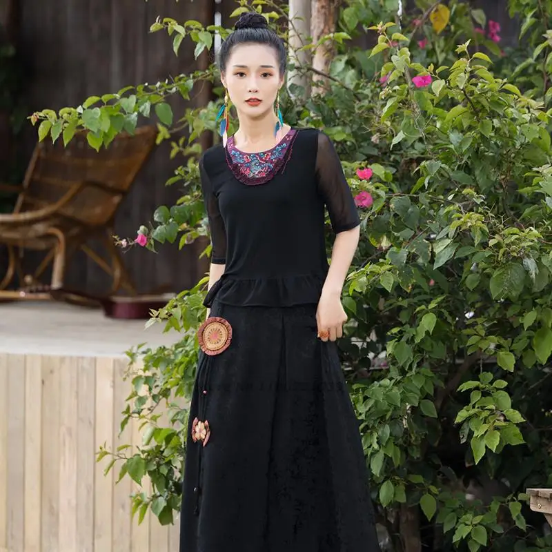2024 traditional chinese vintage shirt national flower embroidery mesh sleeve base shirt oriental tang suit ethnic folk shirt