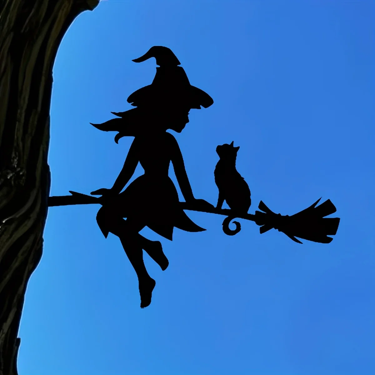 Enchanting Witch & Cat Garden Decor - Durable Iron Art with Flying Broomstick, for Halloween & Outdoor, Outdoor Garden Decor 2