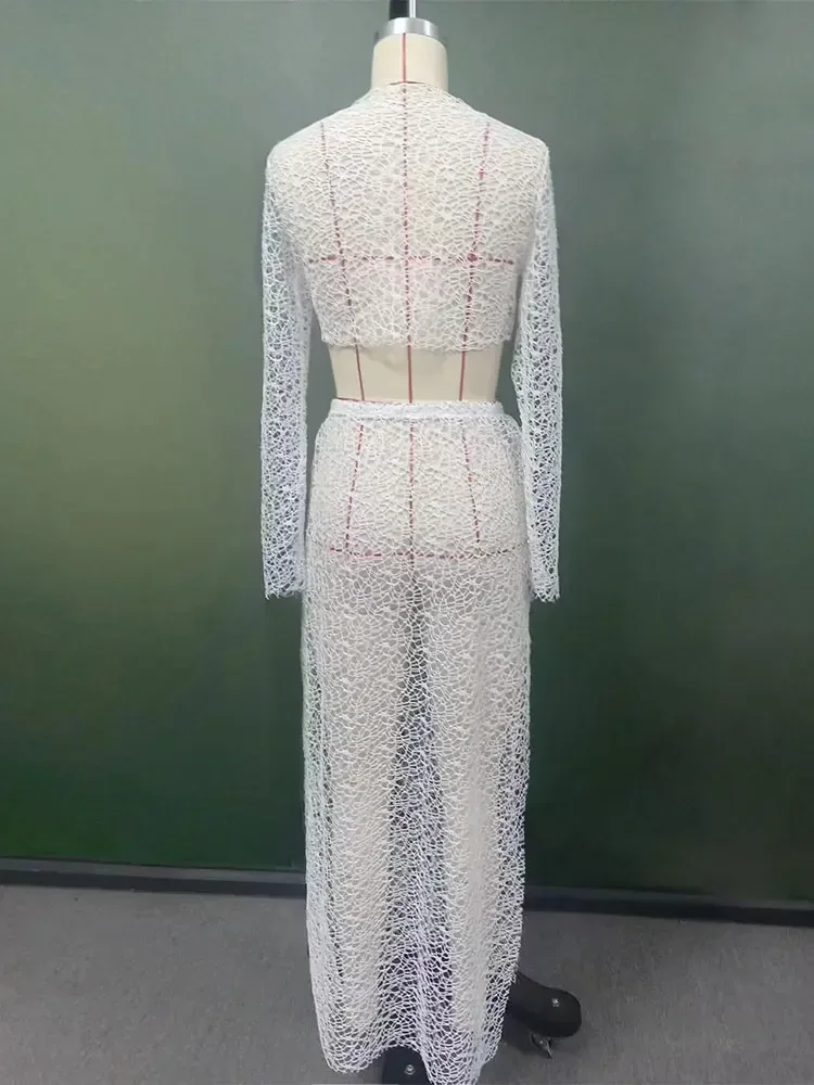 Sexy See-Through Dress Set Bikini Cover-ups 2026 Summer Women Solid Color Knit Cut Out 2-piece Beachwear Swimsuit Cover Up A2790 5