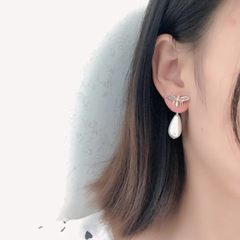 Luxury Five Pointed Bee Pearls AB Style Micro Inlaid Pink Zircon Earrings for Women Jewelry