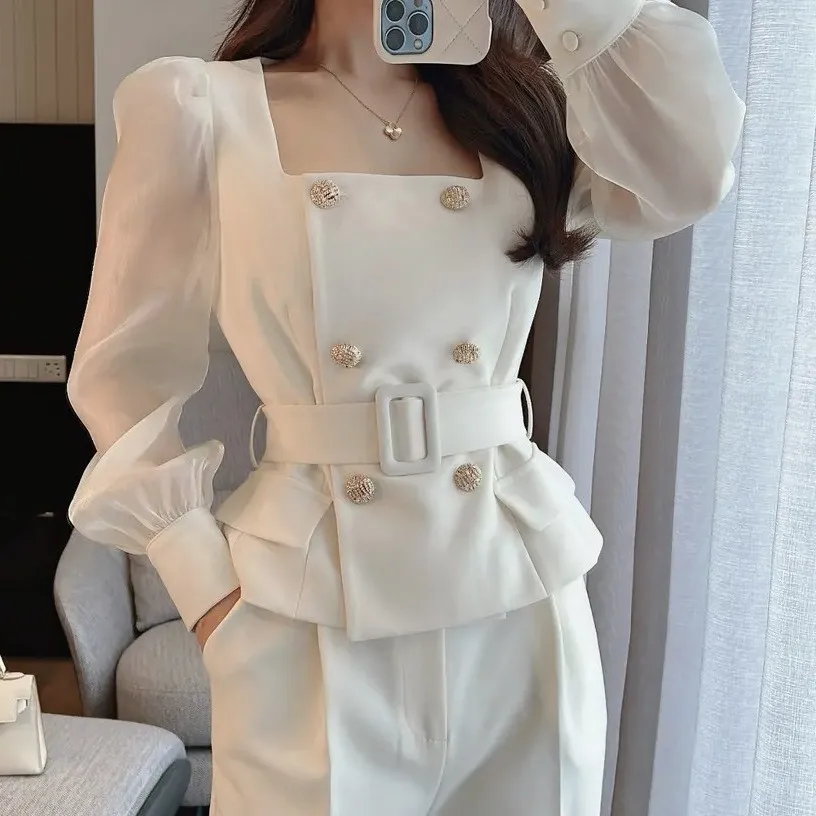 بدلة نسائية مزدوجة الصدر عالية الخصر سترة علوية وس...