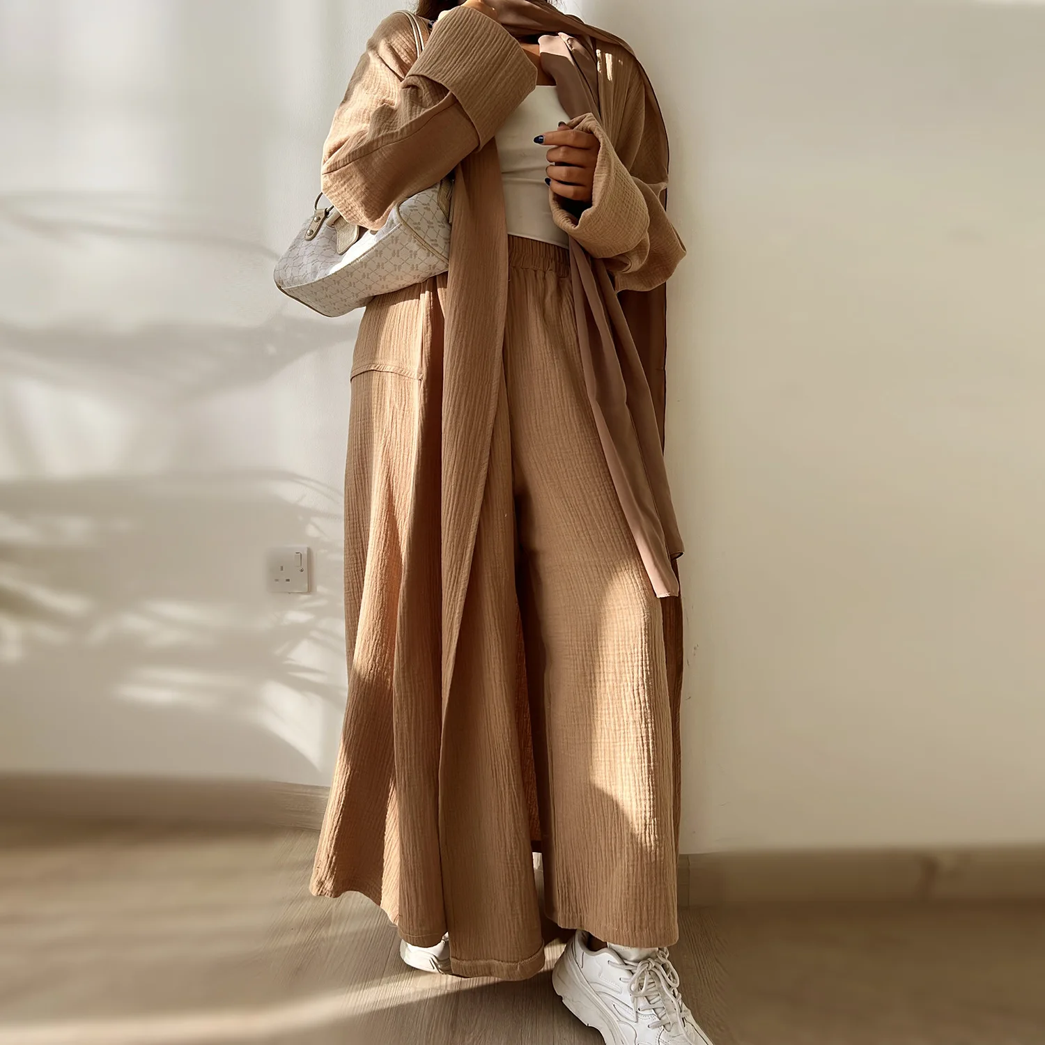 

Cotton Crepe Long Trousers Elastic Waist Wide Legs Palazzo Pants Muslim Women Bottoms Casual Solid Modest Outfits (No Abaya)