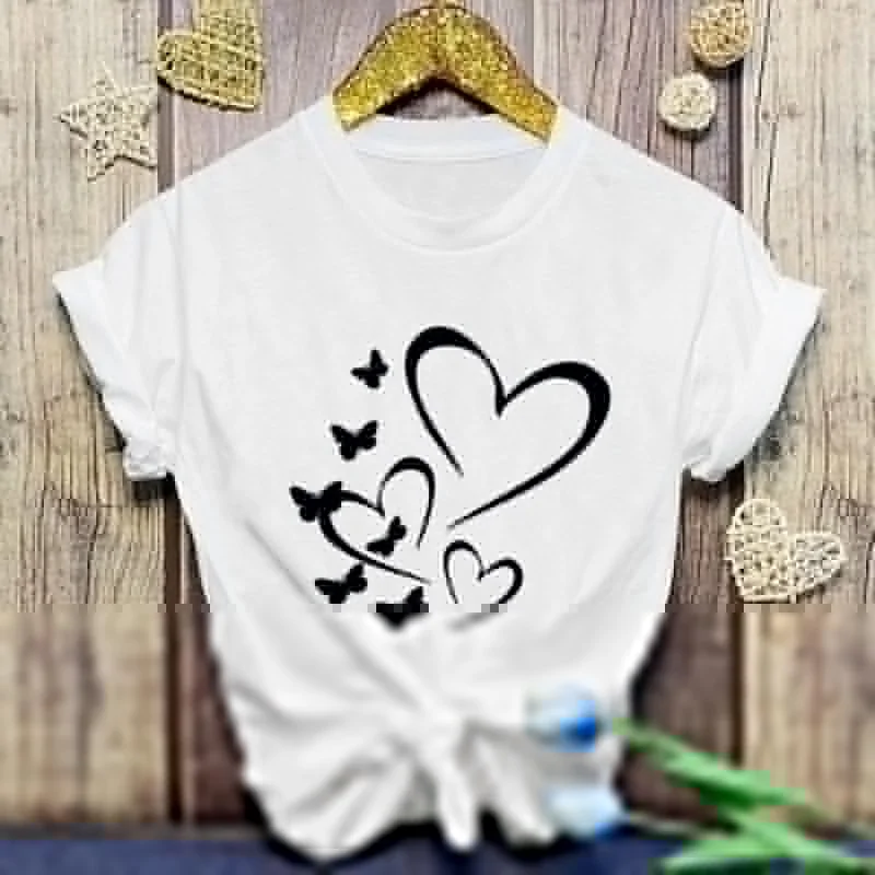 

Индивидуальная креативная женская футболка с рисунком бабочки и сердца, Уличная Повседневная модная Свободная Женская футболка, топы