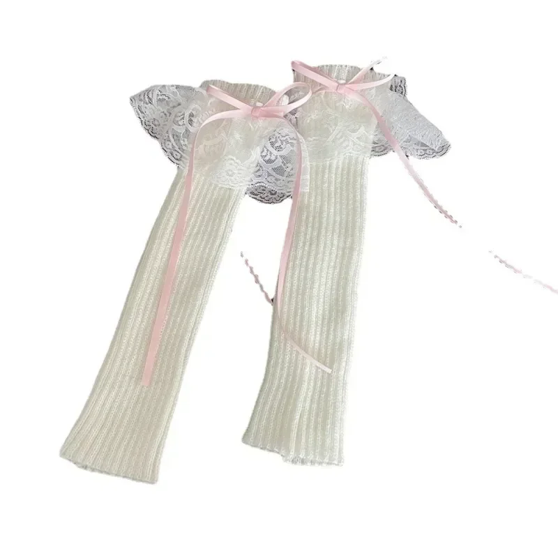 

Зимние милые теплые носки, кружевные японские вязаные крючком носки в Стиле Лолита Харадзюку с бантом, вязаные манжеты, ножки на осень