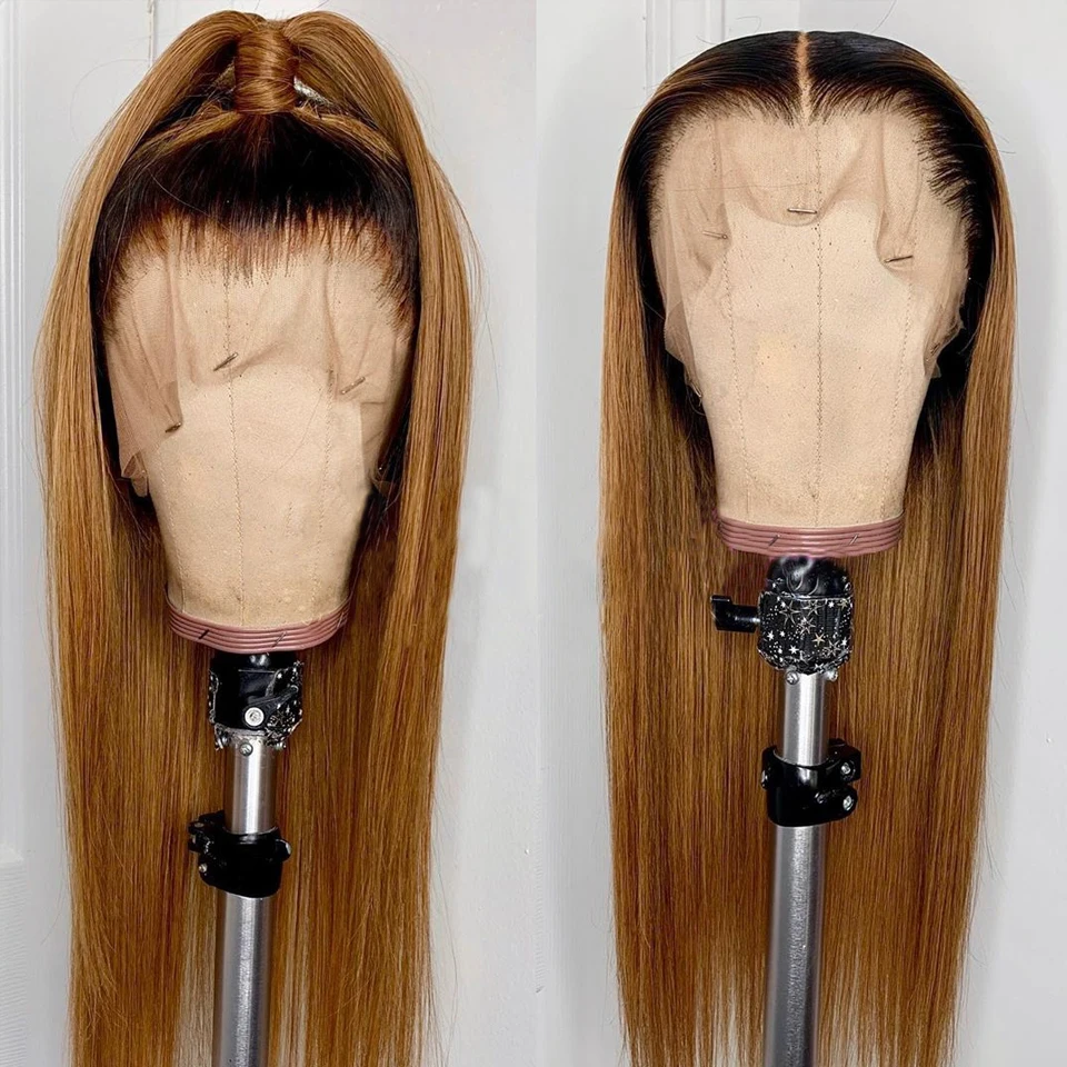 Ombre Honey Blonde Straight Lace Front Wigs Pre Plucked Bone Straight Lace Frontal Human Hair Wigs for Women with Baby Hair